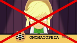 Size: 1366x768 | Tagged: safe, imported from derpibooru, screencap, applejack, acadeca, equestria girls, friendship games, applejack's hat, cowboy hat, embarrassed, fail, female, hat, misspelling, onomatopoeia, spelling bee