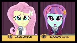 Size: 1366x768 | Tagged: safe, imported from derpibooru, screencap, fluttershy, sunny flare, acadeca, equestria girls, friendship games, fail, female, immigration, microphone, misspelling, rhombus, spelling bee