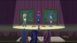 Size: 1366x768 | Tagged: safe, imported from derpibooru, screencap, princess cadance, princess celestia, princess luna, principal abacus cinch, sci-twi, sunset shimmer, twilight sparkle, acadeca, equestria girls, friendship games, chalkboard, dean cadance, discovery family logo, fancy mathematics, geometry, langley's adventitious angles, math, principal celestia, vice principal luna