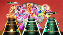 Size: 2134x1200 | Tagged: safe, imported from derpibooru, applejack, fluttershy, pinkie pie, rainbow dash, rarity, sunset shimmer, twilight sparkle, equestria girls, rainbow rocks, drums, guitar, guitar hero, keytar, mane six, musical instrument, parody, rhythm game, tambourine, the rainbooms