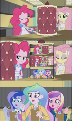 Size: 1912x3236 | Tagged: safe, edit, edited screencap, imported from derpibooru, screencap, fluttershy, pinkie pie, princess cadance, princess celestia, princess luna, equestria girls, friendship games, cake, dean cadance, droste effect, exploitable meme, fork, inception, inside the cake meme, meme, principal celestia, recursion, shocked, vice principal luna