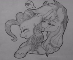 Size: 2929x2401 | Tagged: safe, artist:themoonraven, imported from derpibooru, applejack, pinkie pie, applepie, female, lesbian, monochrome, shipping, tongue out, traditional art