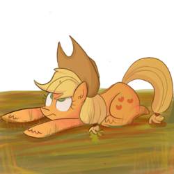 Size: 411x411 | Tagged: safe, artist:zefidu, imported from derpibooru, applejack, annoyed, female, mud, prone, solo