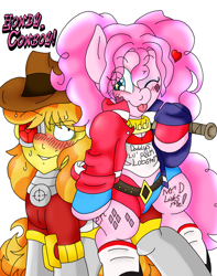 Size: 1446x1836 | Tagged: safe, artist:blackbewhite2k7, imported from derpibooru, braeburn, pinkie pie, alternate hairstyle, baseball bat, batman, braepie, clothes, cosplay, costume, crossover, dc comics, deadshot, female, flirting, harley quinn, male, pinkie pie riding braeburn, pinkie quinn, ponies riding ponies, riding, shipping, straight, suicide squad, tattoo