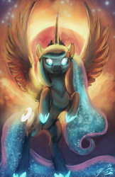 Size: 1024x1583 | Tagged: safe, artist:blindcoyote, imported from derpibooru, princess luna, blood moon, female, glowing eyes, moon, solo, stars