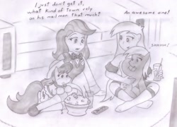 Size: 1743x1258 | Tagged: safe, artist:poseidonathenea, imported from derpibooru, beauty brass, derpy hooves, fiddlesticks, equestria girls, apple family member, human ponidox, humanized, monochrome, ponidox world, television, traditional art