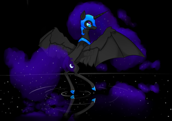 Size: 3163x2233 | Tagged: safe, artist:amberpendant, imported from derpibooru, nightmare moon, alicorn, pony, butt, ethereal mane, female, helmet, lidded eyes, mare, plot, solo, starry mane, stars, water