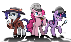 Size: 7998x4798 | Tagged: safe, artist:corsairsedge, imported from derpibooru, pinkie pie, rarity, twilight sparkle, alicorn, earth pony, pony, unicorn, mmmystery on the friendship express, rarity investigates, absurd resolution, bubble pipe, deerstalker, detective, female, hat, magnifying glass, mare, pipe, sherlock holmes, sherlock pie, twilight sparkle (alicorn)