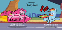 Size: 1500x728 | Tagged: safe, artist:dan232323, imported from derpibooru, pinkie pie, rainbow dash, earth pony, pegasus, pony, acme, beep beep, canis latinicus, chase, chuck jones, female, looney tunes, mare, parody, road, road runner, rocket, style emulation, wile e coyote