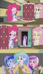 Size: 547x939 | Tagged: safe, edit, edited screencap, imported from derpibooru, screencap, fluttershy, pinkie pie, princess cadance, princess celestia, princess luna, starlight glimmer, equestria girls, friendship games, the cutie map, cake, crossing the memes, dean cadance, inside the cake meme, meme, principal celestia, that door, this will end in tears, this will not end well, vice principal luna, welcome