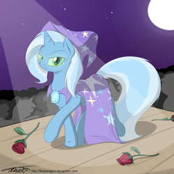 Size: 1300x1300 | Tagged: safe, artist:theparagon, imported from derpibooru, trixie, changeling, pony, unicorn, bedroom eyes, crowd, disguise, female, glowing eyes, looking at you, mare, raised hoof, rose, smiling, solo, stage