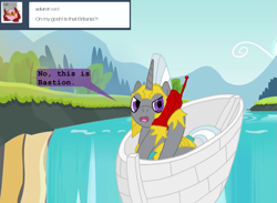 Size: 847x621 | Tagged: safe, artist:hakar-kerarmor, imported from derpibooru, oc, oc only, oc:bastion, ask four inept guardponies, big pink loser, boat, oblivious, phone, royal guard, solo, spongebob squarepants, waterfall