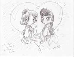 Size: 2207x1700 | Tagged: safe, artist:morgwaine, imported from derpibooru, coco pommel, octavia melody, coctavia, crack shipping, female, heart, lesbian, monochrome, shipping, sketch, spanish, traditional art