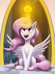 Size: 713x947 | Tagged: safe, artist:the1xeno1, imported from derpibooru, princess celestia, cute, female, filly, happy, magic, open mouth, pink-mane celestia, sitting, smiling, solo, spread wings, sun, tangible heavenly object, younger