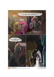 Size: 3541x5016 | Tagged: safe, artist:gashiboka, imported from derpibooru, applejack, pinkie pie, rainbow dash, oc, oc:gold lily, oc:night star, pony, comic:recall the time of no return, comic, patreon, patreon logo, size difference