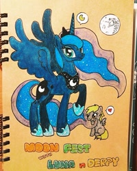 Size: 605x757 | Tagged: artist needed, safe, artist:蔡卓霖, imported from derpibooru, derpy hooves, princess luna, alicorn, pegasus, filly, filly derpy hooves, heart, mare in the moon, moon, sitting, traditional art