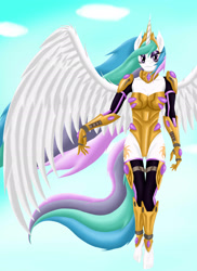 Size: 1696x2336 | Tagged: safe, artist:goldwing93, imported from derpibooru, princess celestia, anthro, plantigrade anthro, armor, barefoot, breasts, cleavage, feet, female, looking at you, sky, smiling, solo