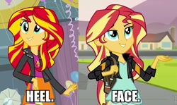 Size: 960x574 | Tagged: safe, imported from derpibooru, sunset shimmer, equestria girls, friendship games, discussion in the comments, face (wrestling), heel (wrestling), image macro, meme, pro wrestling, wrestling, wwe