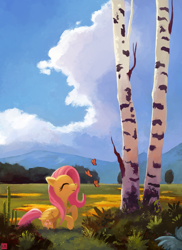 Size: 1063x1464 | Tagged: safe, artist:ajvl, imported from derpibooru, fluttershy, butterfly, pegasus, pony, birch, birch tree, cloud, cute, eyes closed, female, field, forest, grass, mare, meadow, rearing, scenery, sky, smiling, solo, tree