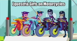 Size: 547x291 | Tagged: safe, imported from derpibooru, screencap, indigo zap, rainbow dash, sugarcoat, sunset shimmer, equestria girls, friendship games, card games on motorcycles, female, image macro, meme, motorcycle, yugioh abridged