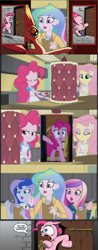 Size: 640x1632 | Tagged: safe, edit, edited screencap, idw, imported from derpibooru, screencap, fluttershy, pinkie pie, princess cadance, princess celestia, princess luna, pony, equestria girls, friendship games, crossing the memes, dean cadance, exploitable meme, human ponidox, inside the cake meme, meme, principal celestia, self ponidox, surprise door, vice principal luna, we need to go deeper