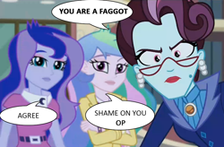 Size: 900x589 | Tagged: safe, edit, edited screencap, imported from derpibooru, screencap, princess celestia, princess luna, principal abacus cinch, equestria girls, friendship games, caption, female, image macro, looking at you, meme, op is a faggot, principal celestia, text, vice principal luna, vulgar