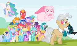 Size: 1040x621 | Tagged: safe, edit, edited screencap, imported from derpibooru, screencap, amethyst star, apple bloom, berry punch, berryshine, big macintosh, bon bon, carrot top, cherry berry, daisy, dizzy twister, flower wishes, golden harvest, lemon hearts, linky, lyra heartstrings, mayor mare, minuette, orange swirl, princess celestia, queen chrysalis, sassaflash, scootaloo, sea swirl, seafoam, shoeshine, sparkler, spring melody, sprinkle medley, sunshower raindrops, sweetie belle, sweetie drops, twinkleshine, oc, oc:fluffle puff, changeling, changeling queen, lesson zero, canon x oc, cape, chase, chrysalis plushie, chrysipuff, clothes, facehoof, female, lesbian, plushie, shipping, want it need it