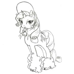 Size: 745x745 | Tagged: safe, artist:arkeindzel, imported from derpibooru, rarity, hybrid, sheep, bell, bell collar, bonnet, bow, cloven hooves, collar, female, monochrome, solo, tail bow, traditional art, unshorn fetlocks