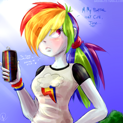 Size: 2100x2100 | Tagged: safe, artist:manic-the-lad, imported from derpibooru, rainbow dash, equestria girls, a dash of everything, alternate hairstyle, female, hair over one eye, heart, i'm not cute, inner thoughts, solo, sweat, tsunderainbow, tsundere
