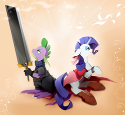 Size: 1300x1190 | Tagged: safe, artist:skyeypony, imported from derpibooru, rarity, spike, aerith gainsborough, boots, clothes, cosplay, costume, crossover, female, final fantasy, final fantasy vii, implied sparity, male, straight, zack fair