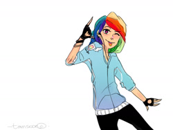 Size: 1280x960 | Tagged: safe, artist:blackadder, imported from derpibooru, rainbow dash, human, clothes, devil horn (gesture), earbuds, female, fingerless gloves, gloves, heart eyes, hoodie, humanized, solo, tongue out, wingding eyes