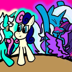 Size: 511x510 | Tagged: safe, artist:dragonpone, derpibooru exclusive, imported from derpibooru, bon bon, lyra heartstrings, sweetie drops, trixie, twilight sparkle, alicorn, pony, :t, angry, argument, date, eyes closed, female, lesbian, looking at each other, lyrabon, mare, open mouth, pink background, shipping, simple background, spread wings, table, twilight sparkle (alicorn), twixie