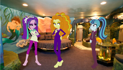 Size: 1024x580 | Tagged: safe, artist:angieangel555onutube, imported from derpibooru, adagio dazzle, aria blaze, sonata dusk, mermaid, equestria girls, rainbow rocks, adagio dazzle is not amused, adagio is not amused, aquarium, bed, clothes, equestria girls in real life, footed sleeper, footie pajamas, giant clam, no toes, onesie, pajamas, sleepwear, the dazzlings