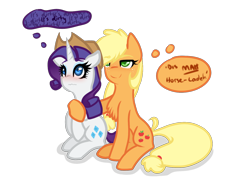 Size: 1280x960 | Tagged: safe, artist:suenden-hund, imported from derpibooru, applejack, rarity, accessory swap, applejack's hat, chest fluff, female, hat, lesbian, rarijack, shipping, simple background, thought bubble, transparent background