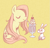 Size: 379x365 | Tagged: safe, artist:php98, imported from derpibooru, angel bunny, fluttershy, cherry, drinking, drinking straw, food, milkshake, simple background, sitting, yellow background