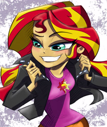 Size: 4495x5327 | Tagged: safe, artist:daoldhorse, artist:lunchie, imported from derpibooru, sunset shimmer, equestria girls, rainbow rocks, absurd resolution, clothes, colored, end credits, female, grin, painting, shine like rainbows, skirt, solo, swag