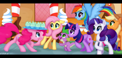 Size: 1851x875 | Tagged: safe, artist:ctb-36, imported from derpibooru, applejack, fluttershy, pinkie pie, rainbow dash, rarity, spike, twilight sparkle, alicorn, pony, balancing, cupcake, cute, female, floppy ears, licking lips, mane seven, mane six, mare, open mouth, profile, sugarcube corner, tongue out, twilight sparkle (alicorn), varying degrees of want