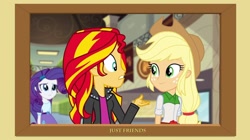 Size: 1280x719 | Tagged: safe, artist:doublewbrothers, edit, imported from derpibooru, applejack, rarity, sunset shimmer, equestria girls, rainbow rocks, appleshimmer, female, friends, implied appleshimmer, implied shipping, lesbian, lies, looking at each other, not lesbian, picture frame, shipping