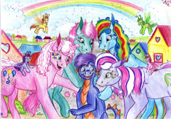 Size: 2000x1390 | Tagged: safe, artist:animagicworld, imported from derpibooru, master kenbroath gilspotten heathspike, minty, pinkie pie (g3), rainbow dash (g3), wysteria, breezie, female, g3, male, mintyspike, pinkiespike (g3), rainbowspike (g3), shipping, spike gets all the mares, straight, traditional art, wysterispike