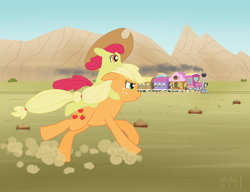 Size: 1950x1500 | Tagged: safe, artist:phallen1, imported from derpibooru, apple bloom, applejack, apple bloom riding applejack, desert, friendship express, galloping, newbie artist training grounds, ponies riding ponies, riding, running, train