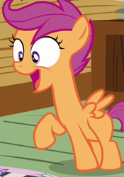 Size: 280x400 | Tagged: safe, imported from derpibooru, screencap, scootaloo, cute, female, happy, long neck, open mouth, raised hoof, smiling, solo, wide eyes