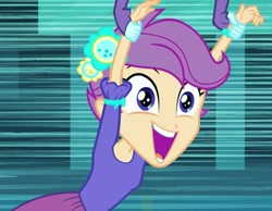 Size: 1095x848 | Tagged: safe, imported from derpibooru, screencap, scootaloo, equestria girls, carrying, cute, flower, flower in hair, happy, open mouth, smiling, wide eyes