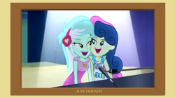 Size: 1280x719 | Tagged: safe, artist:doublewbrothers, imported from derpibooru, bon bon, lyra heartstrings, sweetie drops, equestria girls, rainbow rocks, blatant lies, female, just friends, lesbian, lies, looking at each other, lyrabon, musical instrument, not lesbian, piano, picture frame, shipping