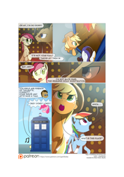 Size: 3541x5016 | Tagged: safe, artist:gashiboka, imported from derpibooru, applejack, doctor whooves, pinkie pie, rainbow dash, rarity, roseluck, time turner, pony, comic:recall the time of no return, comic, crossover, doctor who, male, patreon, patreon logo, pointy ponies, stallion, tardis, tardis console room, tardis control room, the doctor