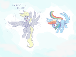 Size: 1280x960 | Tagged: safe, artist:heir-of-rick, imported from derpibooru, derpy hooves, rainbow dash, pegasus, pony, female, flying, flying lesson, mare, newbie artist training grounds, sketch, smiling, teaching