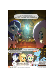 Size: 3541x5016 | Tagged: safe, artist:gashiboka, imported from derpibooru, applejack, doctor whooves, fluttershy, rainbow dash, rarity, roseluck, time turner, pony, comic:recall the time of no return, comic, doctor who, male, patreon, patreon logo, stallion, tardis, tardis console room, tardis control room, the doctor