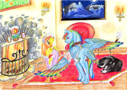 Size: 6000x4276 | Tagged: safe, artist:dawn22eagle, imported from derpibooru, applejack, rainbow dash, dog, earth pony, pegasus, pony, absurd resolution, appledash, armchair, candle, carpet, chair, cigar, colored wings, crossover, duo, female, fireplace, hatless, hooves, jane eyre, lesbian, missing accessory, mr rochester, multicolored wings, painting, rainbow feathers, rainbow wings, shipping, tail feathers, wings