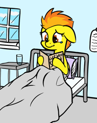 Size: 509x644 | Tagged: safe, artist:lux, imported from derpibooru, spitfire, bandage, bed, blanket, card, crying, cup, cute, female, floppy ears, hnnng, hospital, injured, pillow, sitting, smiling, solo, table, tears of joy, wavy mouth, window