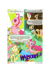 Size: 3541x5016 | Tagged: safe, artist:gashiboka, imported from derpibooru, applejack, doctor whooves, fluttershy, pinkie pie, rarity, roseluck, time turner, pony, comic:recall the time of no return, bipedal, comic, immortality blues, onomatopoeia, party cannon, patreon, patreon logo