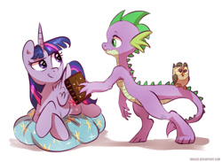 Size: 1204x882 | Tagged: dead source, safe, artist:imalou, imported from derpibooru, owlowiscious, spike, twilight sparkle, alicorn, pony, book, female, mare, older, prone, twilight sparkle (alicorn)